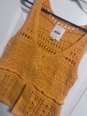 Cottage granny core Yellow Orange  Crochet Button-Front Sweater Vest small